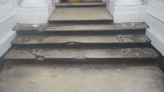 Damaged & Dirty Exterior Carrera Marble Stairs and Threshold