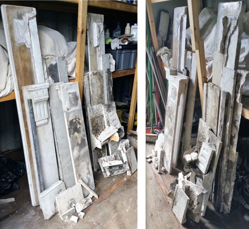 2 Old, stained and damaged marble fireplaces