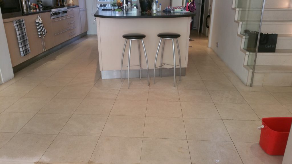 Limestone kitchen floor prior to being cleaned with Lithofin Power Clean