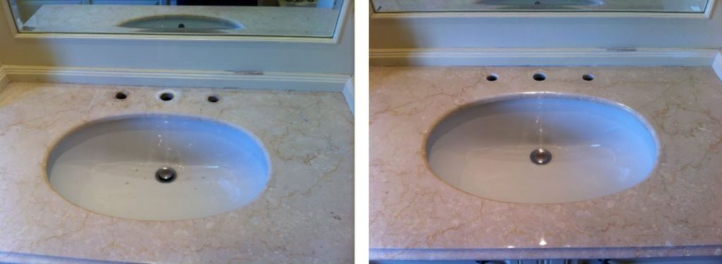 A botticino countertop with limescale damage around the taps and completely dull, repaired and re-polished back to it's original condition