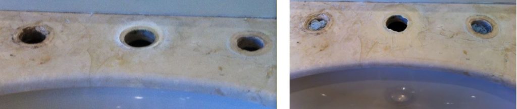 Limescale damaged marble tap hole repaired with a resin to match the colour of the stone