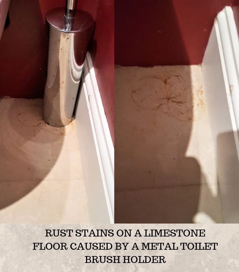 Rust stains on a limestone floor caused by a metal toilet brush holder