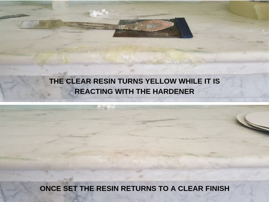 Fireplace chip repair, the clear resin turning yellow then retuning to a clear finish once set