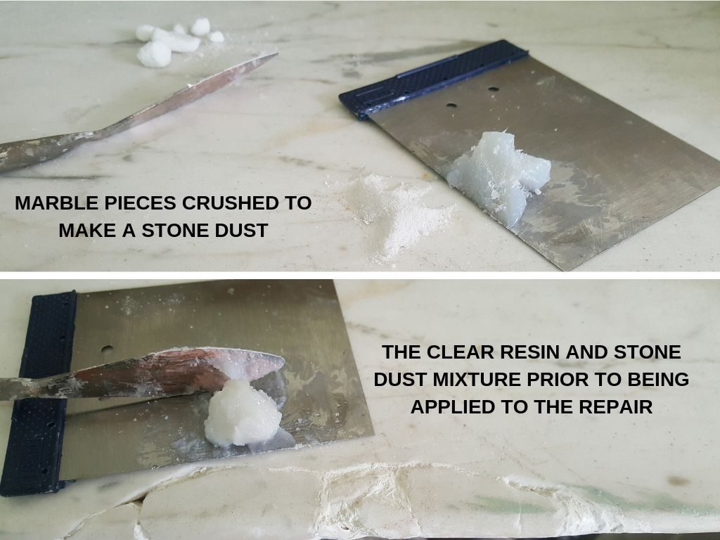 Repairing a chip on a marble fireplace, clear resin and stone dust mixture prior to being applied to the repair.