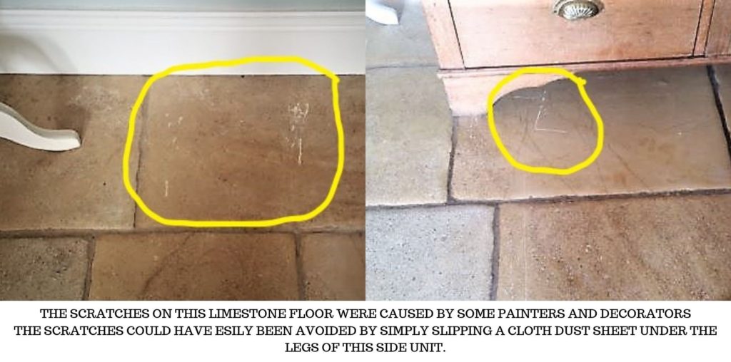 A limestone floor scratched during some painting and decorating works